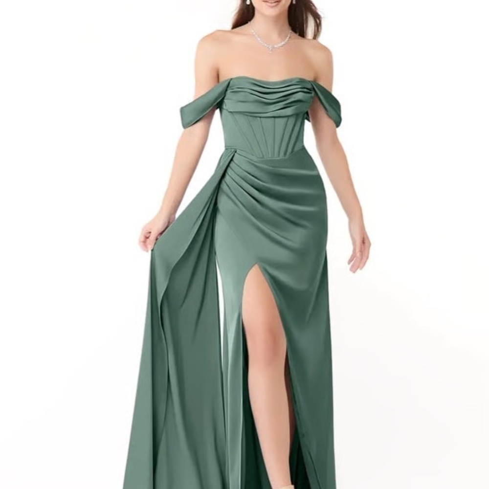 Azazie Off-Shoulder Ecalyptus Satin Bridesmaid Gown